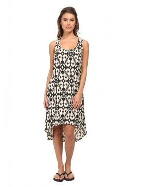 Kavu Jocelyn Boho Ikat Print Racerback Midi High Low Dress Black Ivory Size S